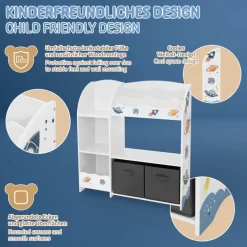 Kinderregal Weltraum-Motiv mit 8 Ablagefächern und 2 abnehmbaren Stoffboxen Weiß aus Holz Joyz
