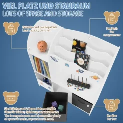 Kinderregal Weltraum-Motiv mit 8 Ablagefächern und 2 abnehmbaren Stoffboxen Weiß aus Holz Joyz