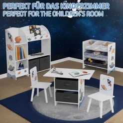 Kinderregal Weltraum-Motiv mit 8 Ablagefächern und 2 abnehmbaren Stoffboxen Weiß aus Holz Joyz