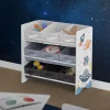 Kinderregal Weltraum-Motiv mit 9 Aufbewahrungsboxen Weiß aus Holz Joyz