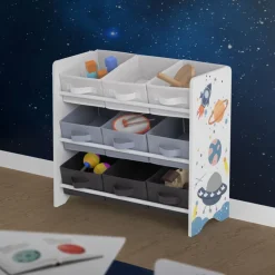 Kinderregal Weltraum-Motiv mit 9 Aufbewahrungsboxen Weiß aus Holz Joyz