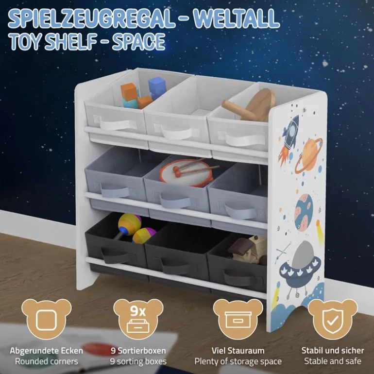 Kinderregal Weltraum-Motiv mit 9 Aufbewahrungsboxen Weiß aus Holz Joyz