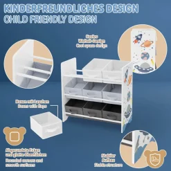 Kinderregal Weltraum-Motiv mit 9 Aufbewahrungsboxen Weiß aus Holz Joyz