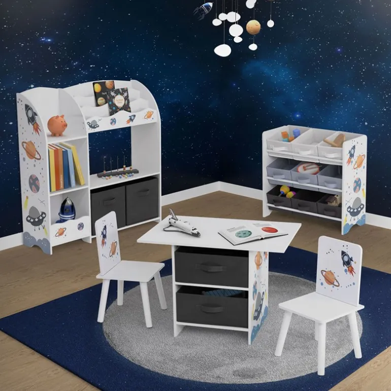 Kinderregal Weltraum-Motiv mit 9 Aufbewahrungsboxen Weiß aus Holz Joyz