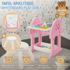 Kindersitzgruppe 2 in 1 Spieltisch mit Tafel und Stuhl Set, HDPE, Weiß-Rosa, Kindertisch und Hocker Joyz
