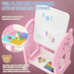 Kindersitzgruppe 2 in 1 Spieltisch mit Tafel und Stuhl Set, HDPE, Weiß-Rosa, Kindertisch und Hocker Joyz