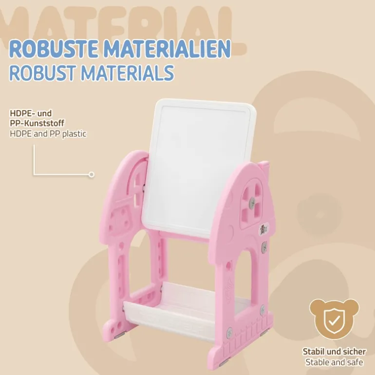 Kindersitzgruppe 2 in 1 Spieltisch mit Tafel und Stuhl Set, HDPE, Weiß-Rosa, Kindertisch und Hocker Joyz