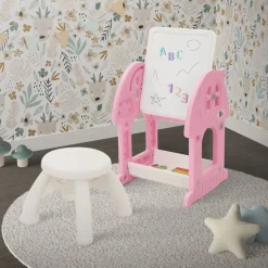Kindersitzgruppe 2 in 1 Spieltisch mit Tafel und Stuhl Set, HDPE, Weiß-Rosa, Kindertisch und Hocker Joyz