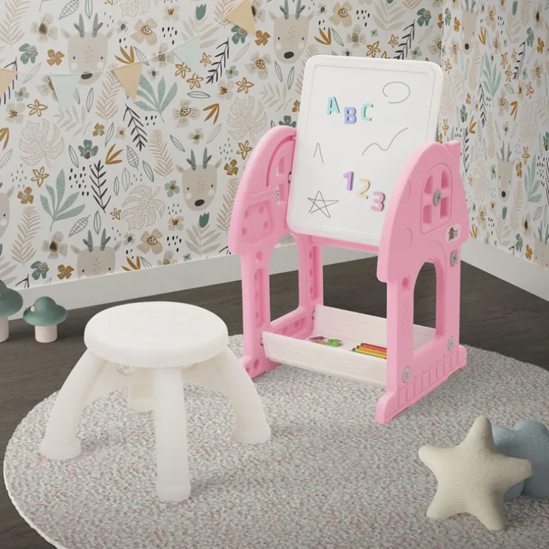 Kindersitzgruppe 2 in 1 Spieltisch mit Tafel und Stuhl Set, HDPE, Weiß-Rosa, Kindertisch und Hocker Joyz