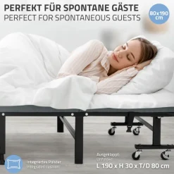 Klappbares Gästebett 80x190 cm mit Matratze rollbar für Kinder & Erwachsene bis 200kg belastbar