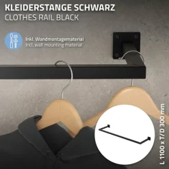 Kleiderstange Garderobe Wandmontage 30 x 110 cm Schwarz aus Stahl ML-Design