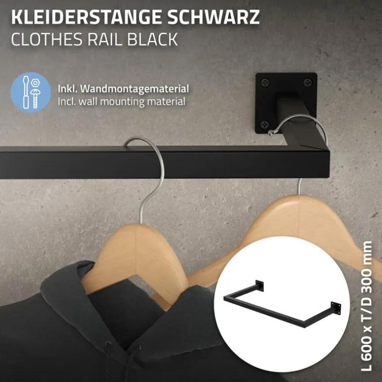 Kleiderstange Garderobe Wandmontage 30 x 60 cm Schwarz aus Stahl ML-Design