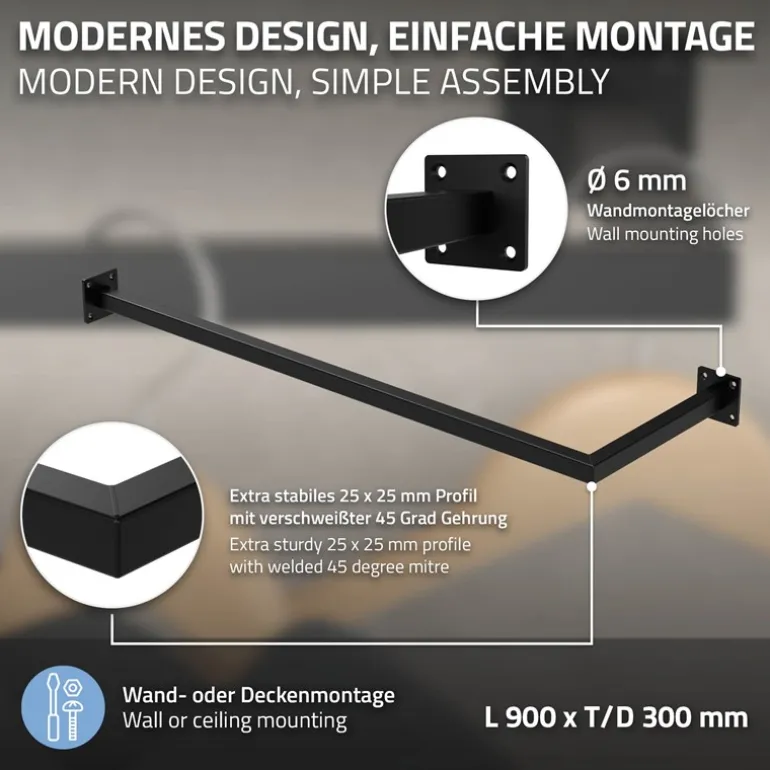 Kleiderstange Garderobe Wandmontage 30x90 cm Schwarz aus Stahl ML-Design