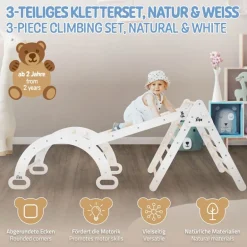Kletterdreieck 3 in 1 Set 188x52x60 cm Natur aus Holz inkl. Rutsche & Kletterbogen Joyz