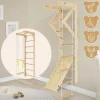 Klettergerüst Indoor Sprossenwand für Kinder aus Holz mit Turnringen, Strickleiter, Rutschbrett 6 in 1 ab 3 Jahren