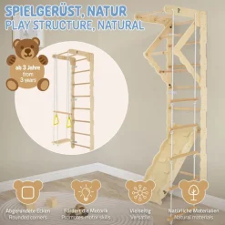 Klettergerüst Indoor Sprossenwand für Kinder aus Holz mit Turnringen, Strickleiter, Rutschbrett 6 in 1 ab 3 Jahren