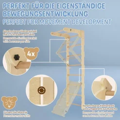 Klettergerüst Indoor Sprossenwand für Kinder aus Holz mit Turnringen, Strickleiter, Rutschbrett 6 in 1 ab 3 Jahren