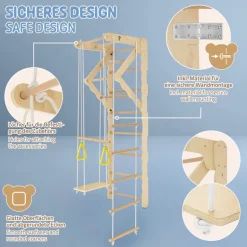 Klettergerüst Indoor Sprossenwand für Kinder aus Holz mit Turnringen, Strickleiter, Rutschbrett 6 in 1 ab 3 Jahren