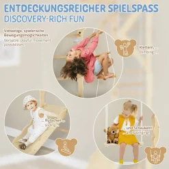 Klettergerüst Indoor Sprossenwand für Kinder aus Holz mit Turnringen, Strickleiter, Rutschbrett 6 in 1 ab 3 Jahren