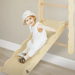 Klettergerüst Indoor Sprossenwand für Kinder aus Holz mit Turnringen, Strickleiter, Rutschbrett 6 in 1 ab 3 Jahren