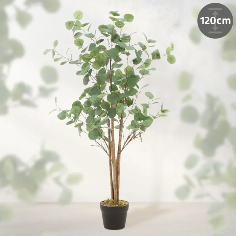 Künstlicher Eukalyptusbaum 120 cm Kunstpflanze mit Naturholzstamm ML-Design