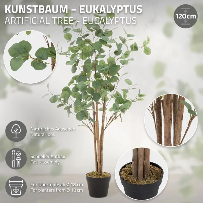 Künstlicher Eukalyptusbaum 120 cm Kunstpflanze mit Naturholzstamm ML-Design