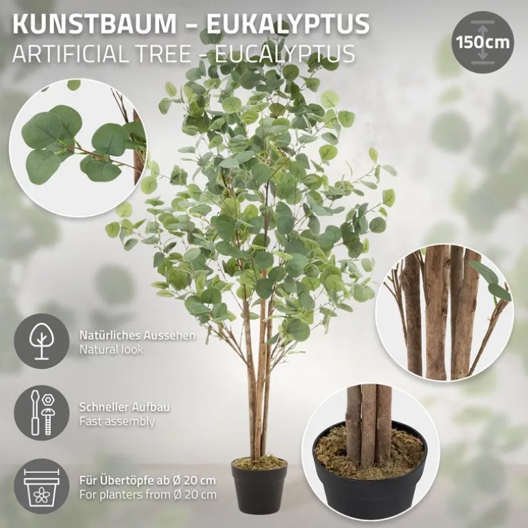 Künstlicher Eukalyptusbaum 150 cm Kunstpflanze mit Naturholzstamm ML-Design