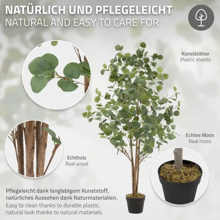 Künstlicher Eukalyptusbaum 150 cm Kunstpflanze mit Naturholzstamm ML-Design