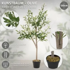 Künstlicher Olivenbaum 120 cm Kunstpflanze mit Naturholzstamm und Früchten ML-Design