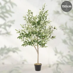Künstlicher Olivenbaum 150 cm Kunstpflanze mit Naturholzstamm und Früchten ML-Design