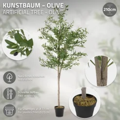 Künstlicher Olivenbaum 210 cm Kunstpflanze mit Naturholzstamm und Früchten ML-Design