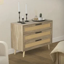 Kommode Sideboard mit 3 Schubladen 100x77x40 cm Eiche-Optik mit Rattanfront und Massivholzfüßen ML-Design