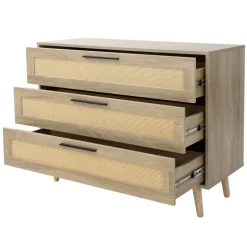 Kommode Sideboard mit 3 Schubladen 100x77x40 cm Eiche-Optik mit Rattanfront und Massivholzfüßen ML-Design