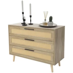 Kommode Sideboard mit 3 Schubladen 100x77x40 cm Eiche-Optik mit Rattanfront und Massivholzfüßen ML-Design