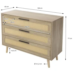 Kommode Sideboard mit 3 Schubladen 100x77x40 cm Eiche-Optik mit Rattanfront und Massivholzfüßen ML-Design