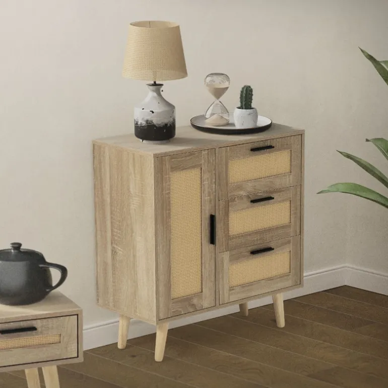Kommode Sideboard mit Softclose Tür & 3 Schubladen 74x76x30 cm Eiche-Optik mit Rattanfront ML-Design