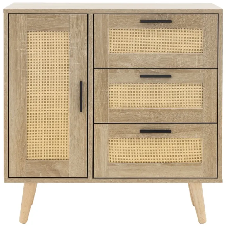 Kommode Sideboard mit Softclose Tür & 3 Schubladen 74x76x30 cm Eiche-Optik mit Rattanfront ML-Design