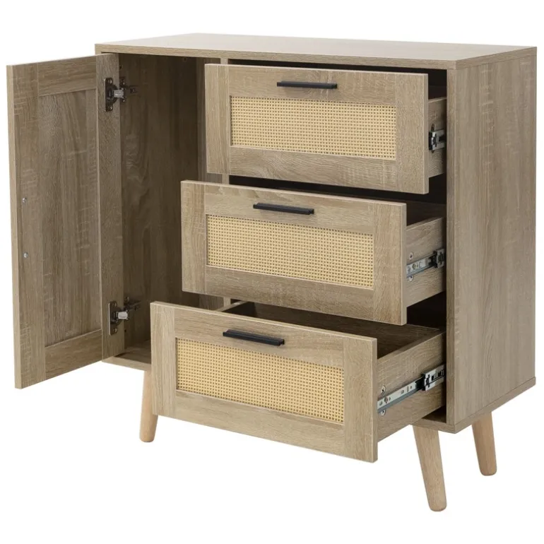 Kommode Sideboard mit Softclose Tür & 3 Schubladen 74x76x30 cm Eiche-Optik mit Rattanfront ML-Design