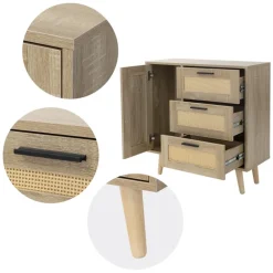 Kommode Sideboard mit Softclose Tür & 3 Schubladen 74x76x30 cm Eiche-Optik mit Rattanfront ML-Design