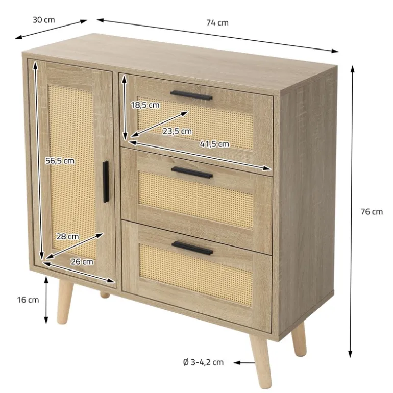 Kommode Sideboard mit Softclose Tür & 3 Schubladen 74x76x30 cm Eiche-Optik mit Rattanfront ML-Design