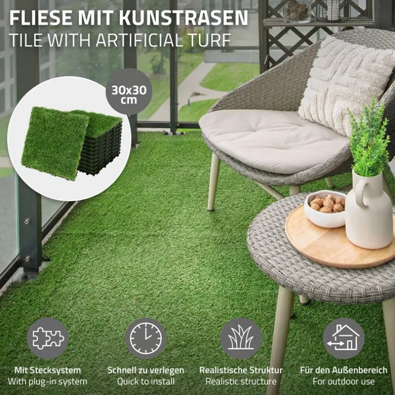 Kunstrasen Fliesen 30x30 cm, 11 Stück=1m², Grasoptik Bodenbelag mit Klicksystem und Drainage ML-Design