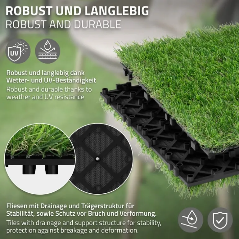 Kunstrasen Fliesen 30x30 cm, 11 Stück=1m², Grasoptik Bodenbelag mit Klicksystem und Drainage ML-Design