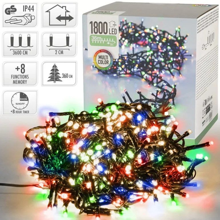 LED Clusterlichterkette bunt 36m mit 1800 Multi Color LEDs 8 Leuchtmodi mit Timerfunktion Spritzwassergeschützt