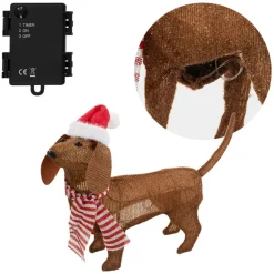 LED Dackel mit Mütze und Schal, 60x43 cm, batteriebetrieben, LED Weihnachtsdekoration, IP44 für Innen und Außen