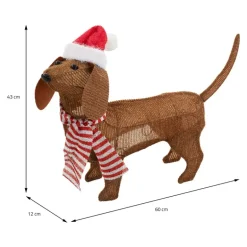 LED Dackel mit Mütze und Schal, 60x43 cm, batteriebetrieben, LED Weihnachtsdekoration, IP44 für Innen und Außen