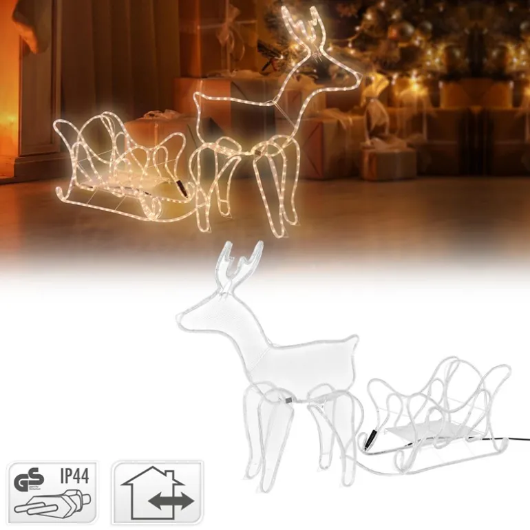 LED Deko Rentier mit Schlitten, warmweiß, 504 LEDs, aus PVC