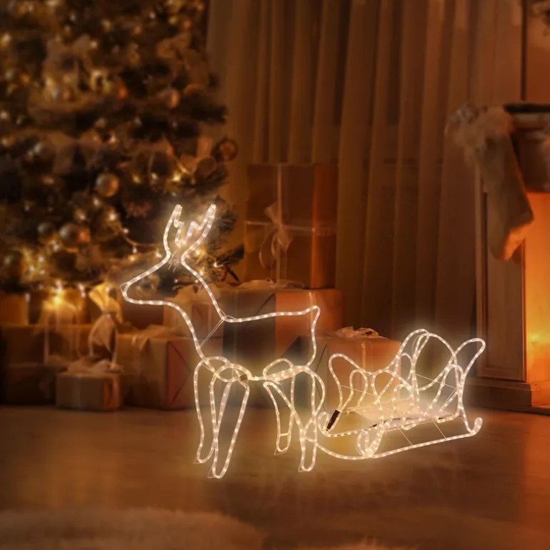 LED Deko Rentier mit Schlitten, warmweiß, 504 LEDs, aus PVC