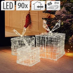 LED Geschenkboxen 3er Set mit 90 LEDs Warmweiß Metallgestell IP44 mit Netzstecker