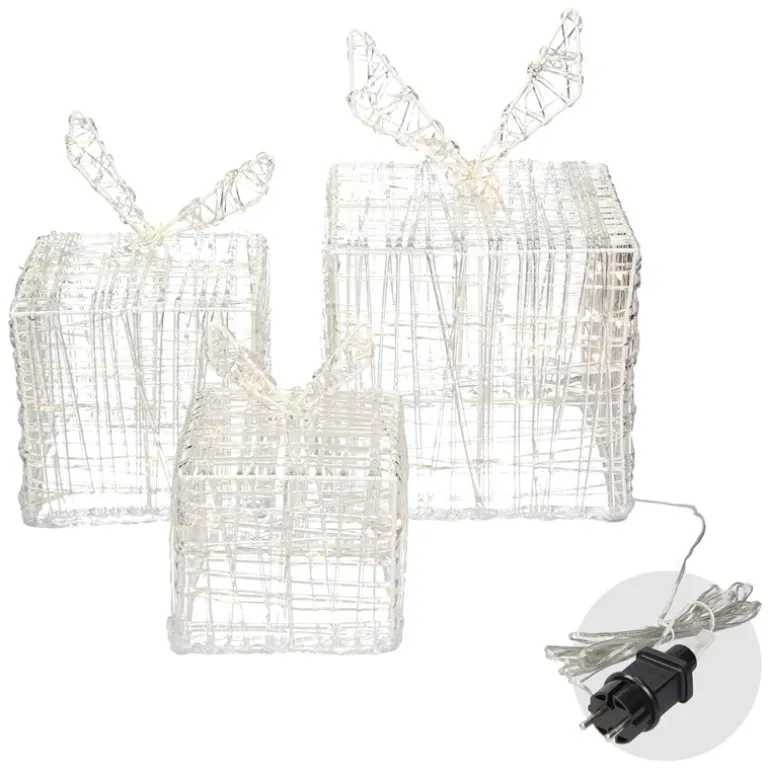 LED Geschenkboxen 3er Set mit 90 LEDs Warmweiß Metallgestell IP44 mit Netzstecker
