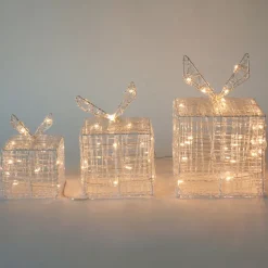 LED Geschenkboxen 3er Set mit 90 LEDs Warmweiß Metallgestell IP44 mit Netzstecker